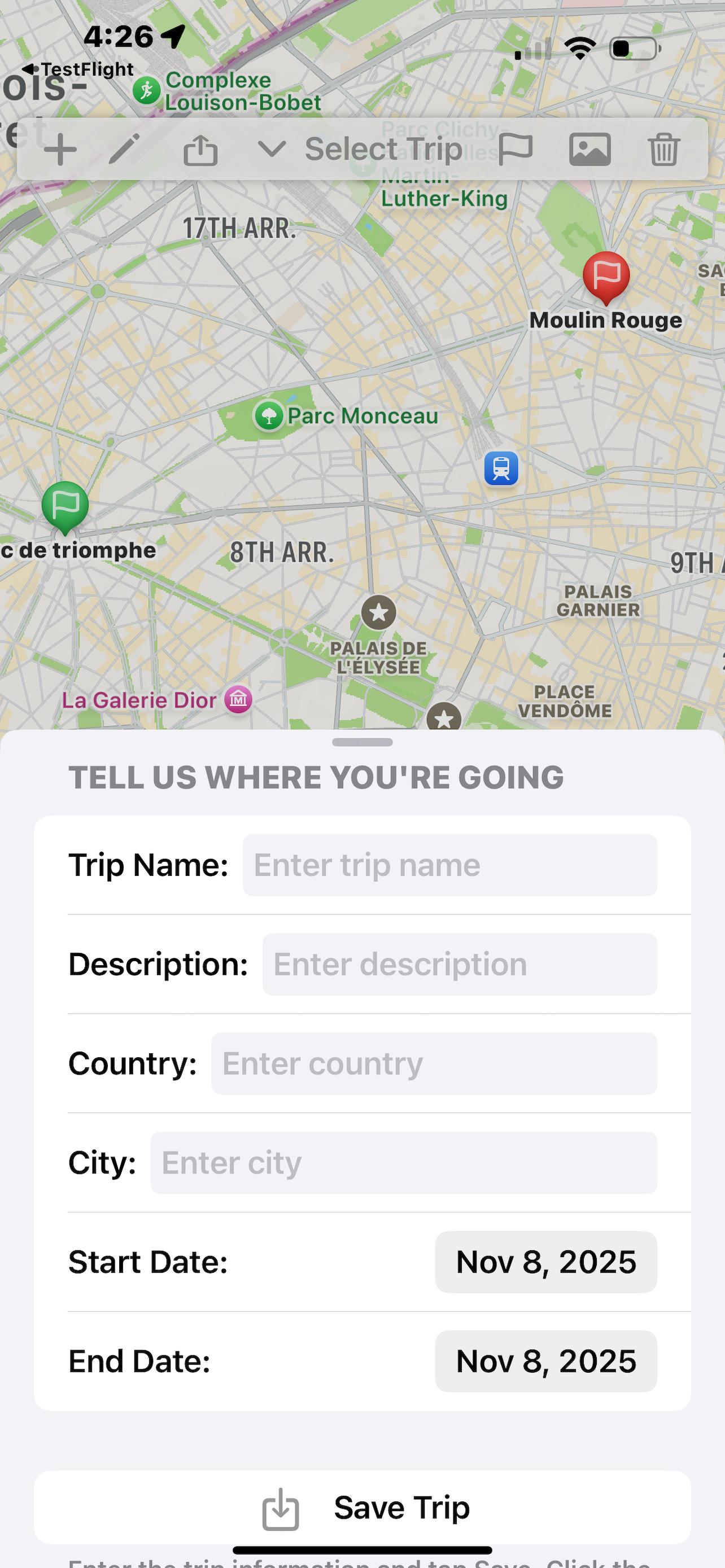 Travel Sage new trip creation screen